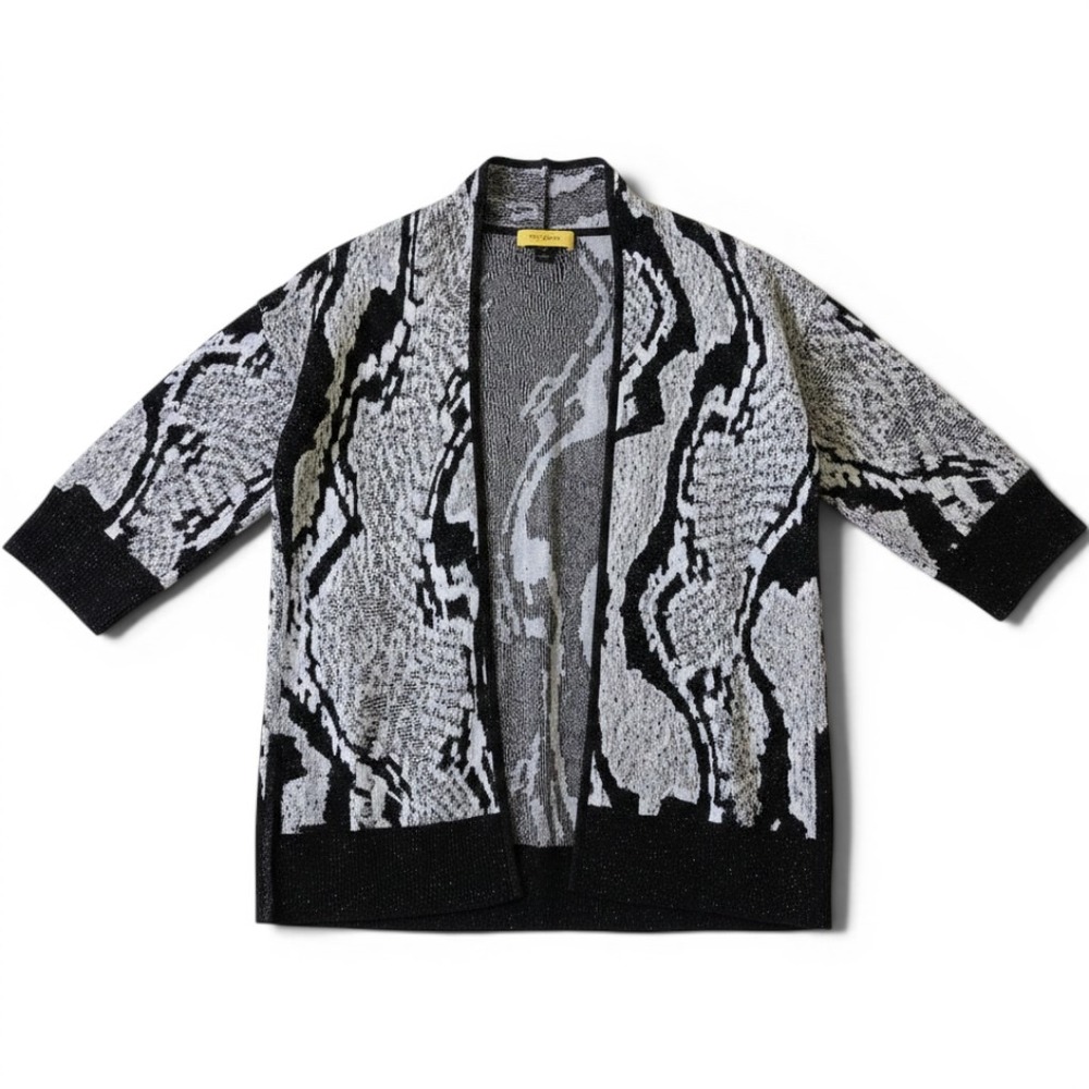 St. John Cardigan Women P Wool Blend Abstract Metallic Black White EUC‎